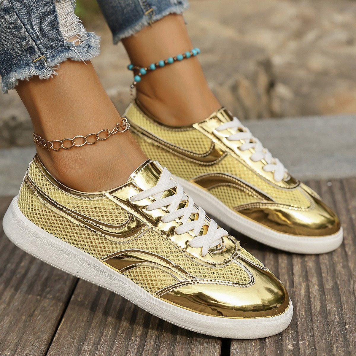 Knit Fabric Lace Up Sneakers - New Women's Sneakers Breathable Knitted Mesh