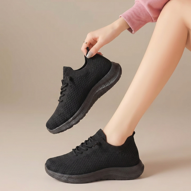 Knit Fabric Lace Up Sneakers - Summer Ladies Breathable Mesh Walking Shoes
