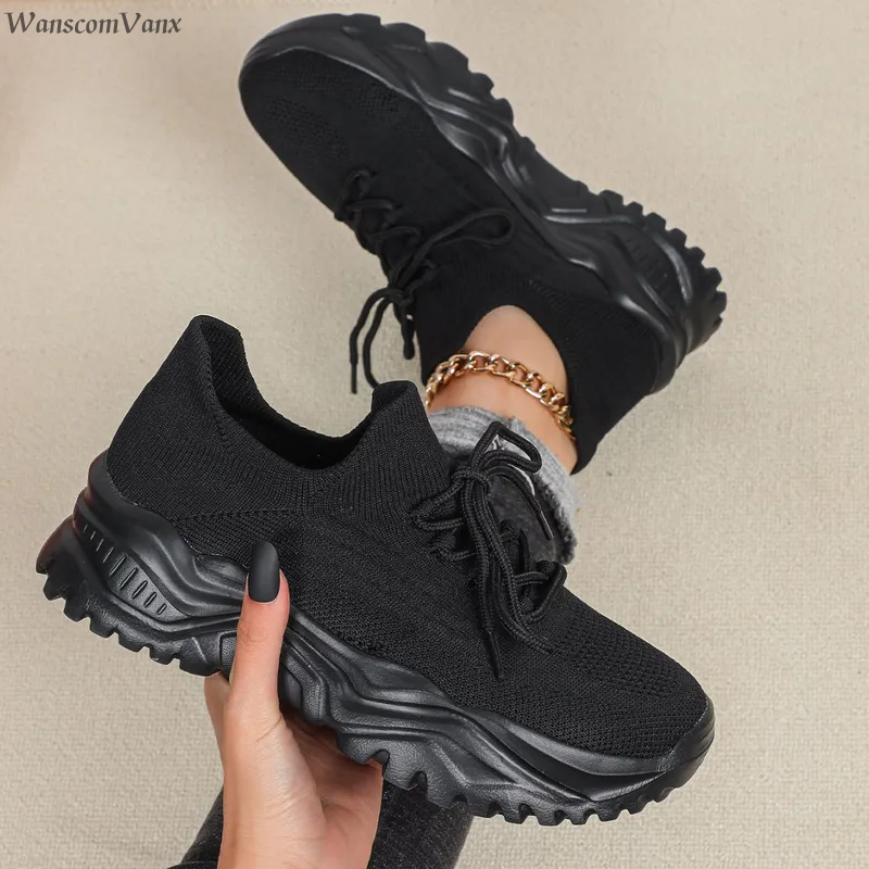Knit Fabric Lace Up Sneakers - Fashion Chunky Platform Sneakers for Women
