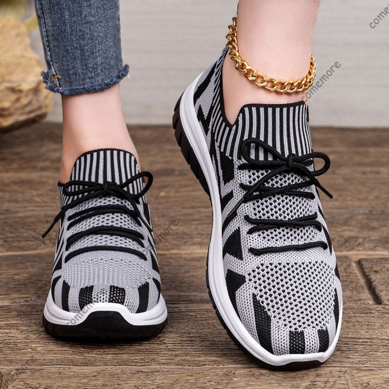 Knit Fabric Lace Up Sneakers - Women's Knit Slip-On Sneakers Breathable Lace-Up