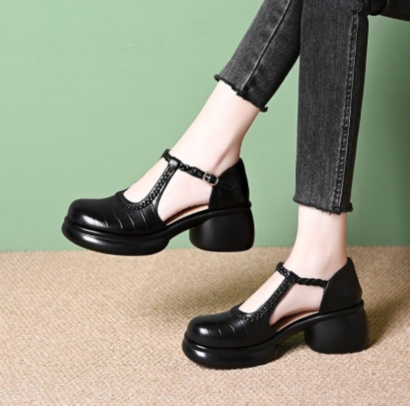 Sandals - Women Black Croc‑Embossed Mary Jane Sandals