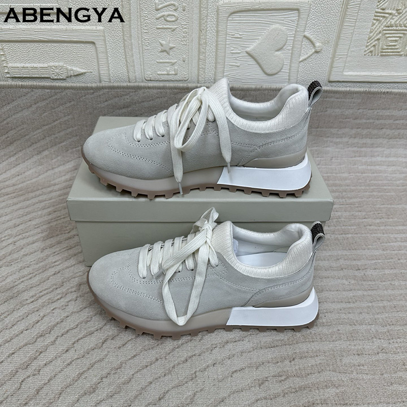 Knit Fabric Lace Up Sneakers - 2025 White Knitted Suede Flat Loafer