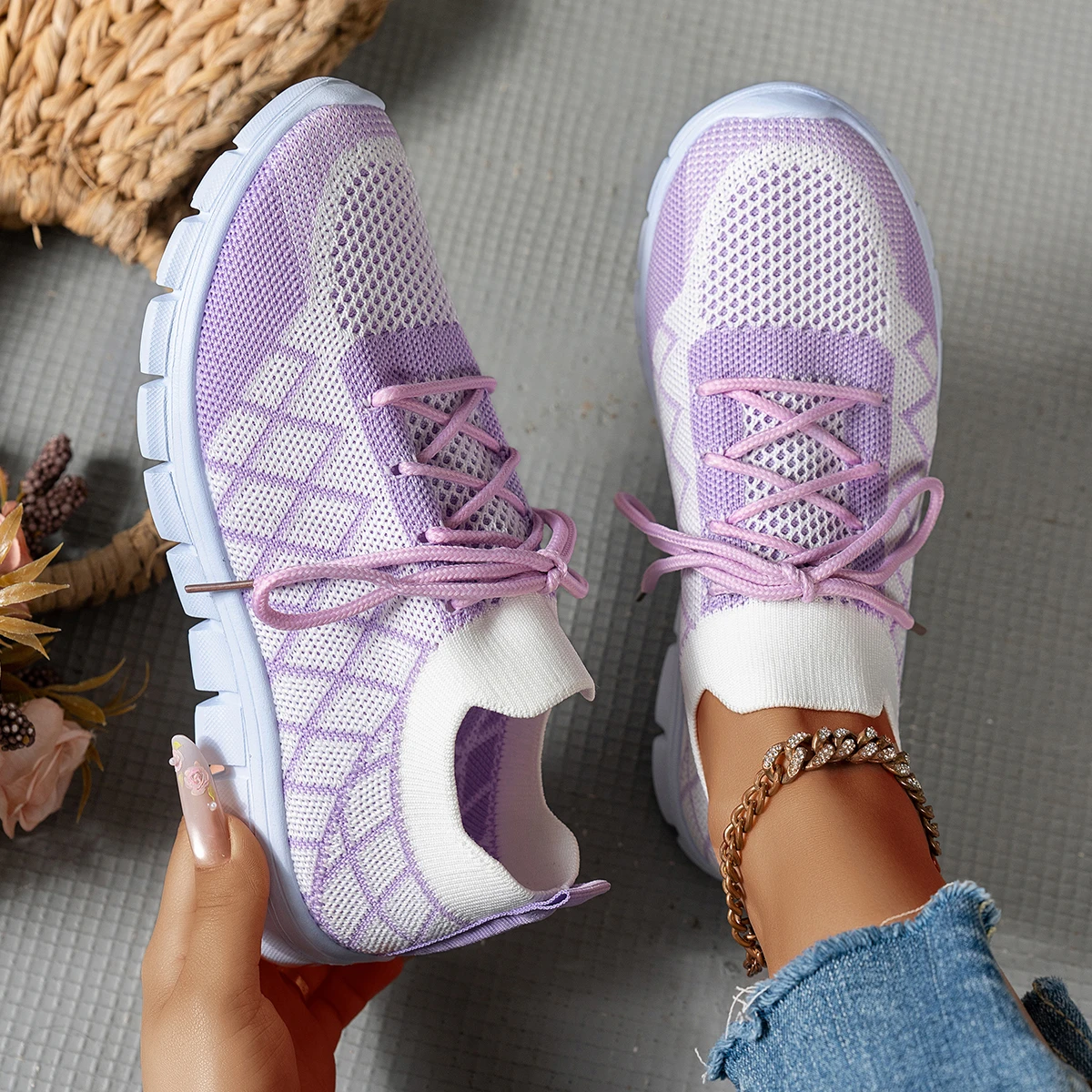 Women Knit Sock Sneakers, Rhom - огляд і ціна Knit Fabric Lace Up Sneakers