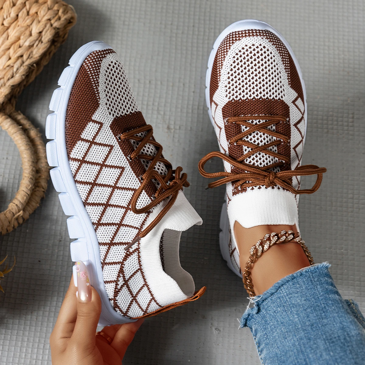 Women Knit Sock Sneakers, Rhom - огляд і ціна Knit Fabric Lace Up Sneakers